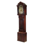 A longcase clock with 30cm square arched painted dial with phase of the moon, Roman numerals, date