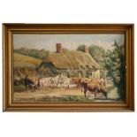 C J Beattie - A Herd of Cows with a Cottage Nearby - oil on canvas, signed lower left, framed, 70 by