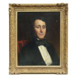 19th century school - Portrait of a Gentleman wearing a Black Suit Seated on a Red Striped Chair -