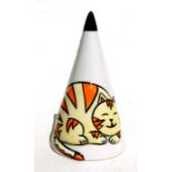 A Lorna Bailey conical shaped sugar sifter decorated with a Marmalade cat, 12cms high.