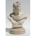 A plaster garden ornament in the form of a classical bust, 52cms high.