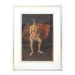 Peter Collins - Study of a Seated Female Nude Wearing a Hat - oil on board with inscription to