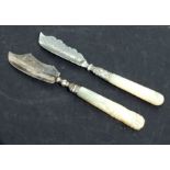Two Victorian silver bladed butter knives with mother of pearl handles, Birmingham 1846 and 1898.