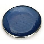 A mid century Norsk Hydro polished aluminium and enamel dish, 15cms diameter.