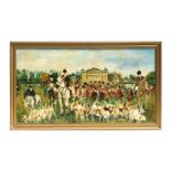 Late 20th century English school - A Hunt Meeting in Front of a Stately Home - oil on board, framed,