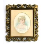 Victorian school - an oval bust portrait depicting a young lady wearing flowers in her hair and a