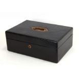 A Victorian leather stationery box with lift-out tray and brass carrying handle, initialled 'R.C.T',