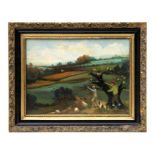 20th century school - Figures Shooting on a Hill - oil on board, framed, 36 by 27cms.