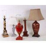 A Regency style urn form table lamp with lion mask ring handles, 38cms high; together with four