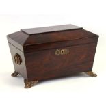 A 19th century rosewood tea caddy of sarcophagus form, converted to a jewellery box, 38cms wide.