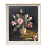 Muriel Hamilton (20th century British) - November Roses - still life of flowers in a vase, signed
