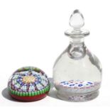 A Victorian paperweight inkwell bottle with coloured canes, 15cms high; together with a modern