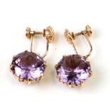 A pair of 14ct gold amethyst screw-back drop earrings.