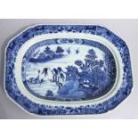 An 18th century Export blue & white serving dish decorated with a river landscape scene, 28cms