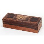 A Victorian rosewood Tunbridgeware pen box, the lid decorated with a country cottage scene, 26cms