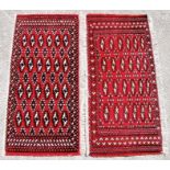 Two similar Persian Baluch woollen handmade rugs with geometric design, one on a beige ground and
