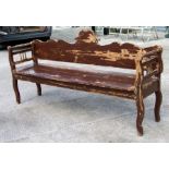 A large distressed painted continental pine bench, 201cms wide.