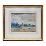 19th century English school - Rural Landscape with Church in the Distance - watercolour, monogrammed