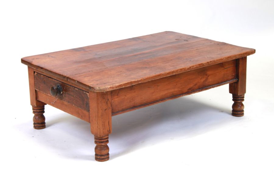 A reclaimed pine low table with single frieze drawer, 90cms wide.