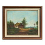 20th century English school - Cottage and Well - oil on canvas, framed, 48 by 38cms.