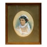 Victorian school - an oval bust portrait of a young lady wearing flowers in her hair and a four-