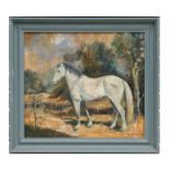 R K Hagan (?) - A Dapple Grey Thoroughbred Horse Standing in a Landscape - oil on board, signed &
