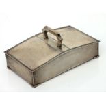 A silver two-division rectangular silver table top cigarette box with sandalwood interior and engine