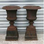 A pair of cast iron urns of classical form, on stands, 69cms high (2).