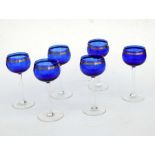 Six 1970's blue glass hock glasses with gilt decoration (6).