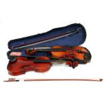 A violin with 36cms two-piece back, cased, with bow; together with another similar with bow, uncased