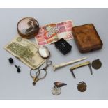 A mixed lot of collectables to include a pictorial snuff box with inscription relating to 1843 to