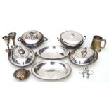 A quantity of assorted silver plated items to include hor d'oeuvres dishes, tankards and similar