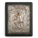 A Byzantium style Greek silver icon, 10 by 13cms, mounted on a plaque.