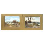 A Watts - a pair of rural landscapes with flocks of sheep in the foreground, watercolour, signed &