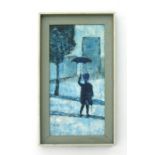 Norman Smith - Street Scene with a Figure Holding an Umbrella - oil on board, signed lower left