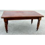 A Victorian mahogany dining table with moulded rectangular top, on turned legs, 153cms wide.