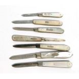 Seven silver and mother of pearl penknives, various dates and makers (7).