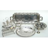 A silver plated two-handled tray with pierced foliate scrolling border; together with a quantity