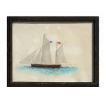 19th century British naïve school - A Sailing Ship - watercolour, framed & glazed, 20 by 15cms.