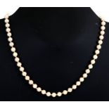 A faux pearl bead necklace with 9ct gold clasp.
