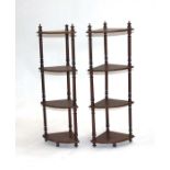 A pair of mahogany four-tier corner whatnots, 36cms wide.