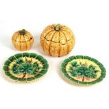 A pair of Sarreguemines majolica leaf plates, 19cms diameter; together with two Sarreguemines