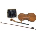 A violin with one-piece 14ins back, bears paper label 'Nicolaus Amatus Cremone' (neck detached),