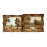 P Robinson - a pair of pastoral landscapes - A Harvest Scene - and - Cattle Drinking - oil on