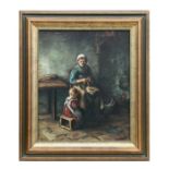 Lavin - an interior cottage scene with a lady seated and a young child resting at her feet, oil on