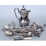 A Victorian style silver plated teapot; together with assorted flatware.