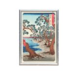 Hiroshige - Maiko Beach In Harima Province - hand coloured woodcut engraving with calligraphy,