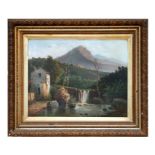 Raimondo Scoppa (Italian 1820-1890) - Italianate Mountain Scene with Waterfall and Building in the