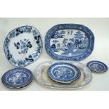 Three 19th century blue & white meat plates to include Willow pattern; together with a group of blue