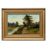 English school - A River Landscape with a Fisherman in the Foreground - oil on canvas, framed, 54 by